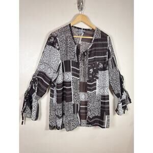 Magic Top Womens Blouse Tie Front Patchwork Boho Floral Brown Lightweight Kimono